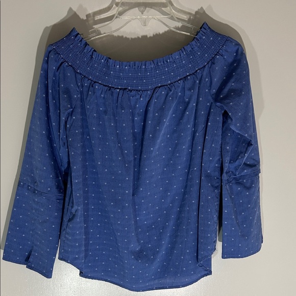 Maette Blue with white dots Smocked woven Off-Shoulder cotton Blouse, Medium - Picture 6 of 8